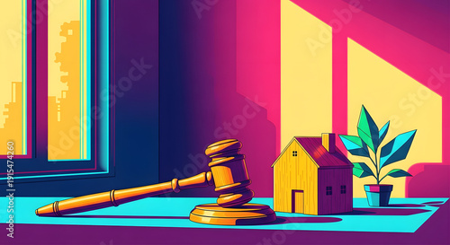 Vaporwave illustration of bamboo gavel and sustainable house model