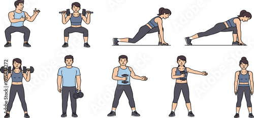 Flat vector illustration set of people performing functional strength exercises including squats lunges dumbbell presses and kettlebell carries isolated.