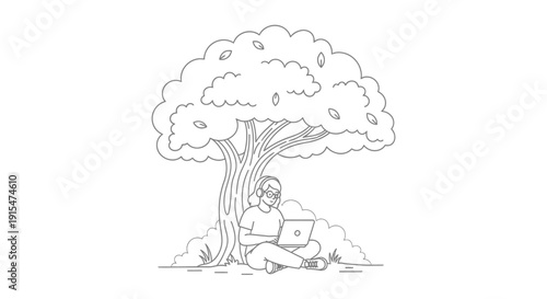 Peaceful person working on a laptop under a large tree outdoors, enjoying nature and fresh air.