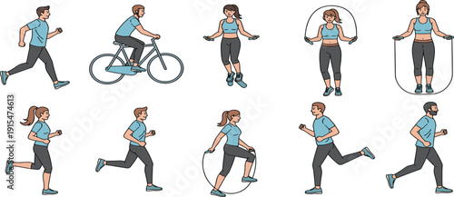 Flat vector illustration set of people performing cardio workouts including running cycling and jumping rope isolated on white background.
