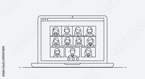 Laptop screen displaying a grid of participants in a virtual video conference meeting, isolated white background.