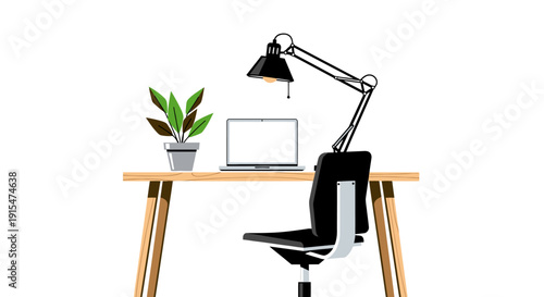 Minimalist home office workspace with a comfortable office chair, laptop, desk lamp, and green plant, isolated white background.