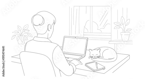Person working remotely on laptop in a cozy home office with a sleeping cat, peaceful scene.