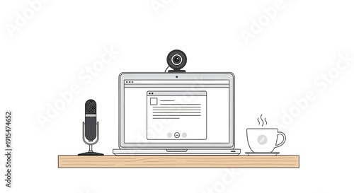 Professional desk setup with a laptop, webcam, microphone, and coffee cup on a wooden shelf, ready for online broadcast.