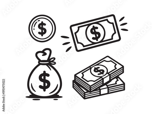 Dollar currency line icons set, dollar coin banknote money bag stack of cash financial elements for banking and business