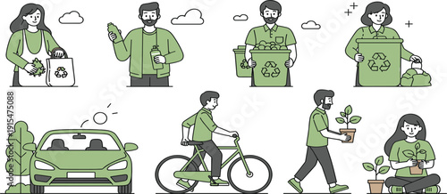 Flat vector illustration set of people using electric cars bicycles reusable bags and recycling bins for sustainable green living.