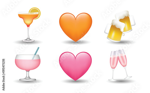 Icons set featuring colorful heart symbols and various drinks including cocktails beer mugs