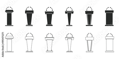 Collection of diverse podiums with microphones for various presentations and speeches