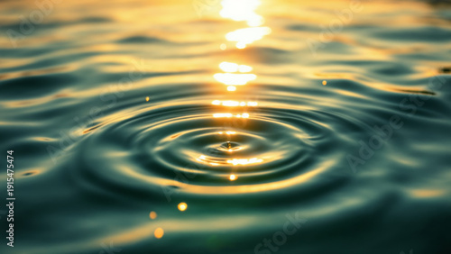 Water droplet creating concentric ripples on a liquid surface reflecting golden sunset light