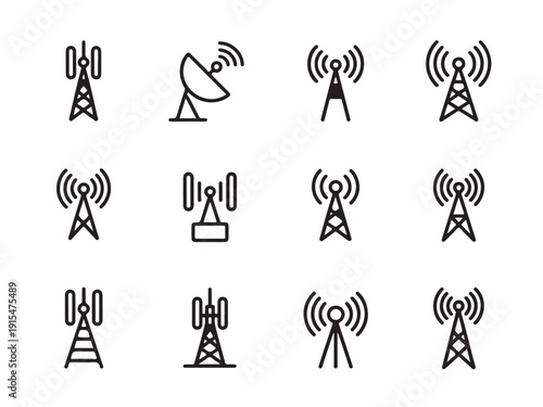 Group of various communication transmission tower icons showing radio signal reception and broadcasting network coverage