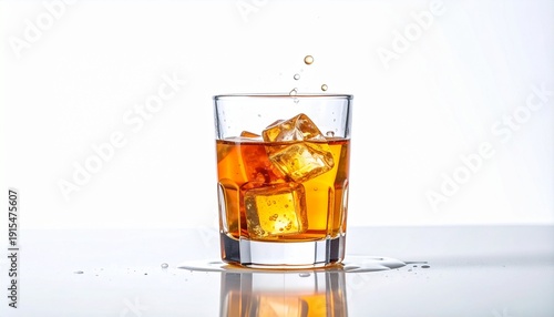 Premium spirit splash in a rocks glass with ice and citrus garnish on a clean white background