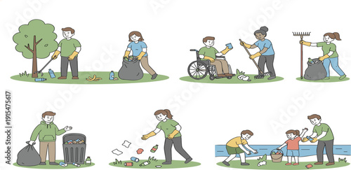 Flat vector illustration set of diverse volunteers cleaning up trash recycling waste and gardening to protect the environment.