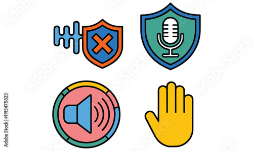 Communication and safety icons microphones shields and hand signals