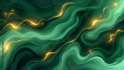 Flowing emerald green abstract liquid waves with sparkling gold glitter trails creating elegant texture