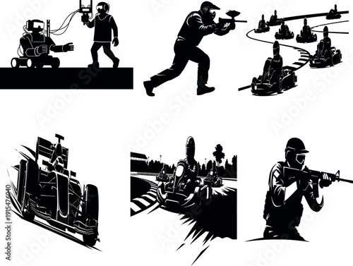 A collection of black and white military silhouettes depicting various combat and warfare scenarios with soldiers and vehicles