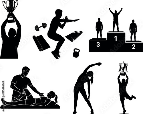 Fitness and sports silhouette illustrations for healthy lifestyle and athletic achievement