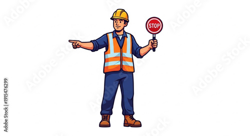 Construction Worker Directing Traffic with Stop Sign.