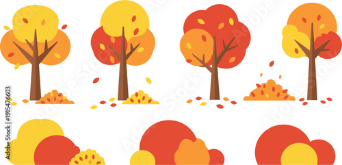 Flat vector illustration set of cartoon green trees including apple trees, orange trees, palm trees, and garden bushes, isolated.