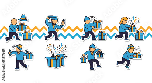 A collection of cartoon stickers illustrates a cheerful character celebrating with gifts, showing actions like running with presents, opening boxes, and using party poppers.