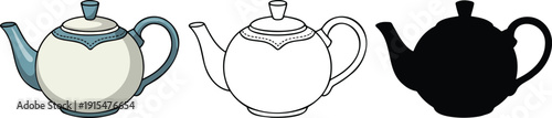Teapot silhouette & Outline and illustration set isolated on transparent background