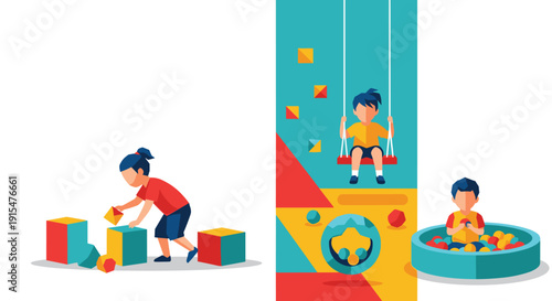 A colorful flat design illustration shows children engaged in playful activities at a playground or daycare, including building blocks, swinging, and a ball pit.