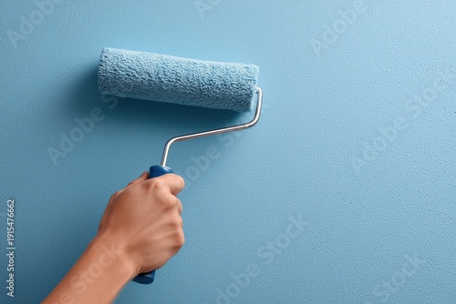Hand using paint roller to apply blue paint on wall during home renovation and interior improvement project