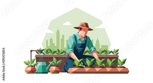 A stylized farmer in a hat carefully tends to his rooftop vegetable garden, with a modern city skyline visible in the background for an urban farming concept.