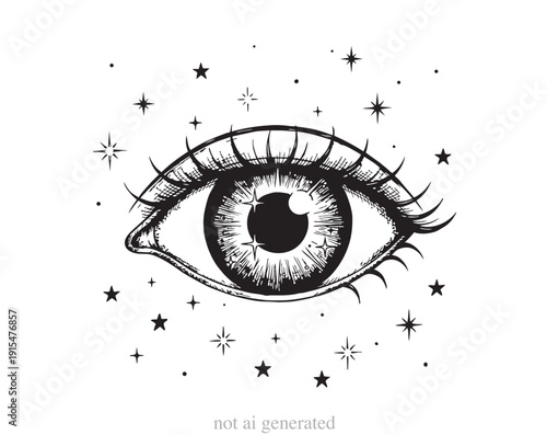 A detailed, hand-drawn ink illustration of a mystical eye surrounded by a cluster of twinkling stars and celestial sparkles. This esoteric artwork features intricate linework and shading