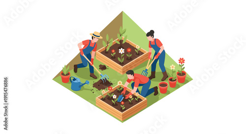 An isometric illustration shows a diverse group of people happily engaged in community gardening, planting flowers and vegetables in raised wooden beds.