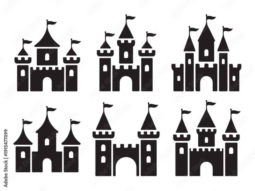 Obraz premium Various silhouette icons depicting medieval European style fairytale castles fortresses and royal palaces in rows