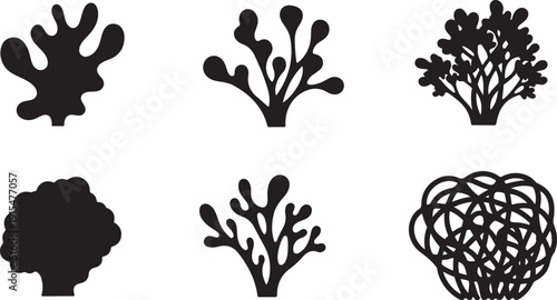 Black silhouettes of various trees and plants on white