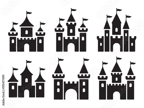 Various silhouette icons depicting medieval European style fairytale castles fortresses and royal palaces in rows