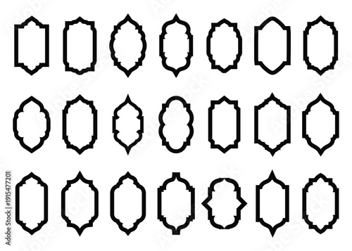 Set of islamic shape illustration design blank islamic shape template vector.  Ramadan frames, mosque arches, decorative arches, Moroccan gates, black silhouette illustration. Islamic vector window.