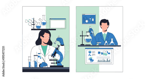 Two illustrations of a female and male scientist working in a modern laboratory with microscopes, beakers, and data analysis screens.