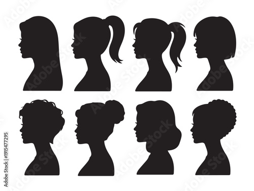 Woman and girl head silhouettes set featuring various hairstyles and profiles, vector illustration of female avatars on transparent background