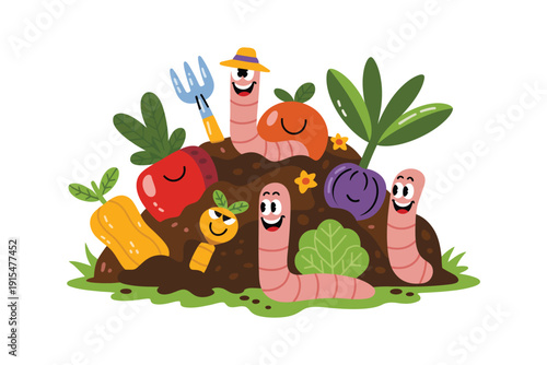 Happy cartoon earthworms enjoying fresh vegetables in fertile soil