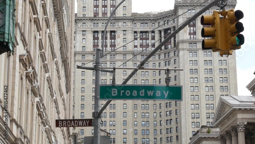 New York City Downtown Civic Center, United States of America. Manhattan municipal building 1914 old historic architecture. Government administration authority. Broadway street sign, Chambers street.