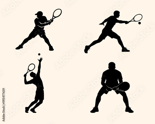 A set of four black silhouettes featuring tennis players in various dynamic stances: a backhand stroke, a forehand reach, an overhead serve, and a ready position, isolated on a light background.