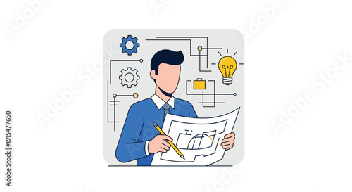 An illustration of a male engineer or architect reviewing a blueprint, surrounded by icons of ideas, gears, and processes.