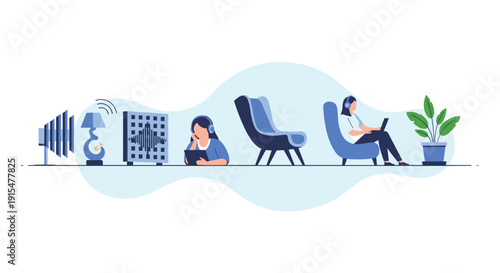 A modern flat illustration showing the evolution of listening to audio, from old radios to a woman relaxing with headphones.