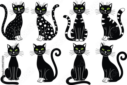 Black cat characters set with green eyes, decorative vector illustration isolated on white background for Halloween design
