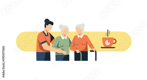 A flat illustration of a caregiver assisting two elderly women, representing senior care, assisted living, and community support.