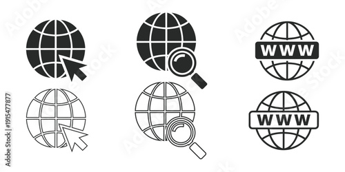 Essential icons for business and tech projects, conveying global connectivity and search functionality