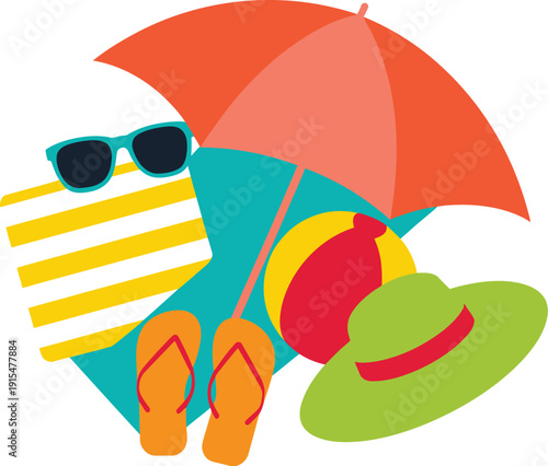 A colorful illustration of summer vacation accessories and beachwear