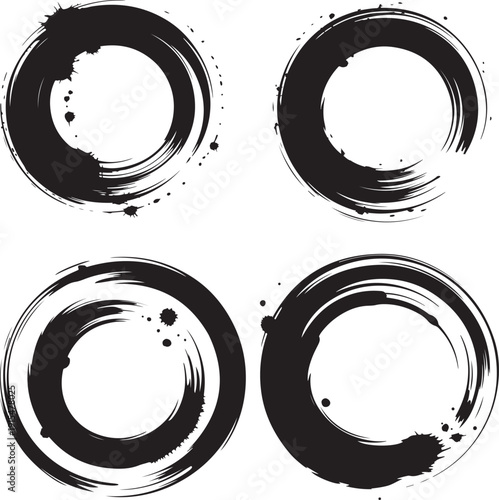 Ink circle set, vector black ring spot abstract geometric cup splash print liquid brushstroke design. Creative round stains, messy brushstroke frame, dirty splatter icon. Ink circle texture collection