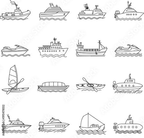 Vector illustration of various boats and ships on white background