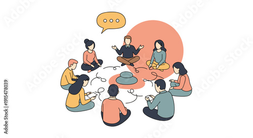 An illustration of a group of people sitting in a circle for a support group meeting or therapy session with a facilitator.