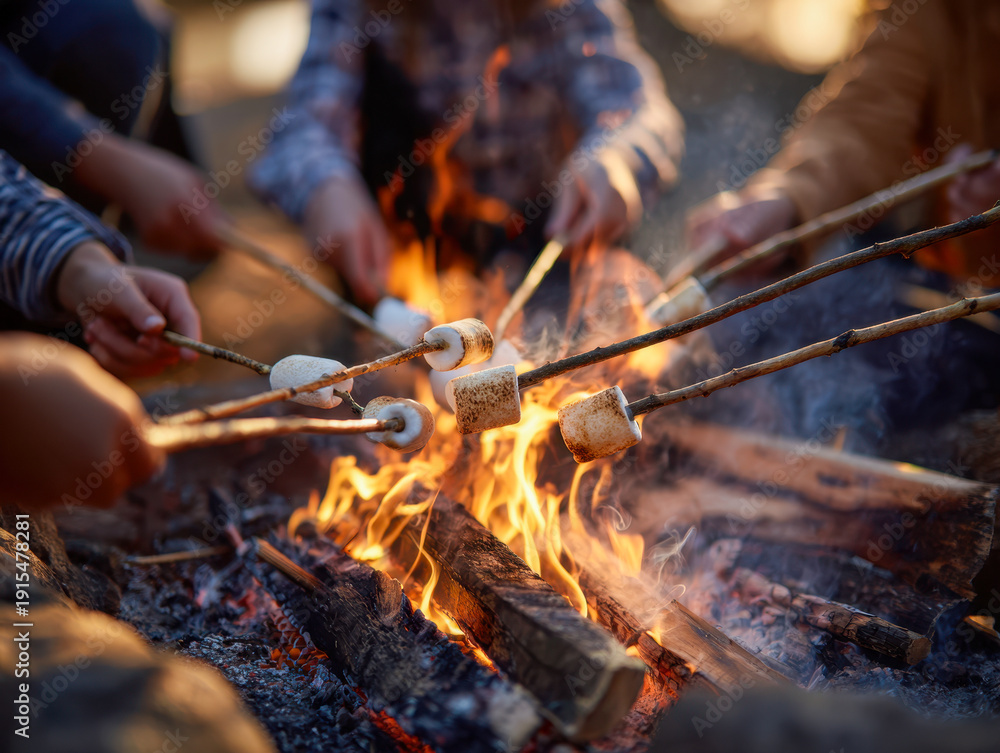 Fototapeta premium Group of people roasting marshmallows over an open campfire with glowing flames and charred wood in an outdoor setting during golden hour