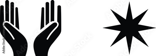 Black silhouette of two hands and a star on white background
