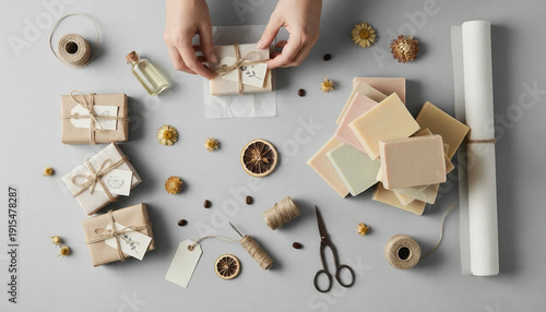 the process of packing handmade soap by hand in eco-friendly packaging top view. Handmade soap. Natural herbal soap bars. making soap by hand. scented soap with essential oils. 